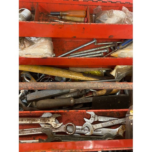 250 - Red metal Halfords tool box with contents to includes spanners, chisels etc