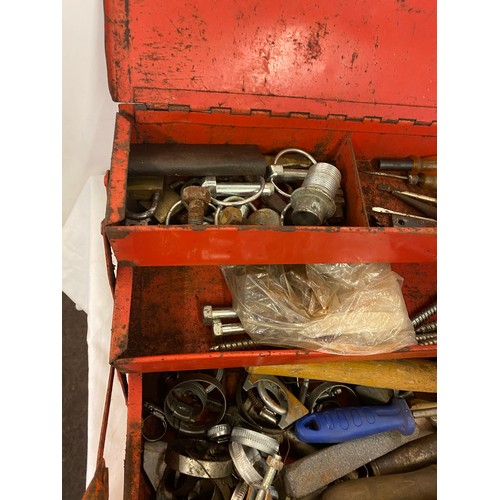 250 - Red metal Halfords tool box with contents to includes spanners, chisels etc