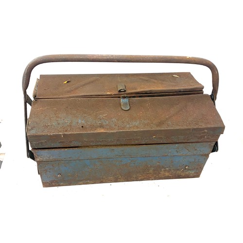 249 - Blue metal tool box with contents includes g clamps, door fittings and wire brush spanners etc