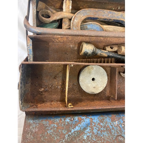 249 - Blue metal tool box with contents includes g clamps, door fittings and wire brush spanners etc