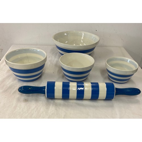 57 - Selection of TG Green pottery includes rolling pin, mixing bowl and 3 small bowls