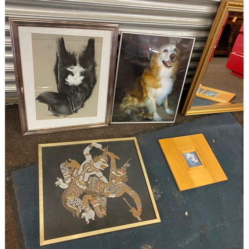 197 - Selection of framed pictures / prints of dogs, plants and a framed mirror largest measures approx 28... 