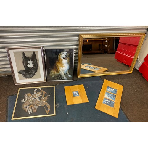 197 - Selection of framed pictures / prints of dogs, plants and a framed mirror largest measures approx 28... 