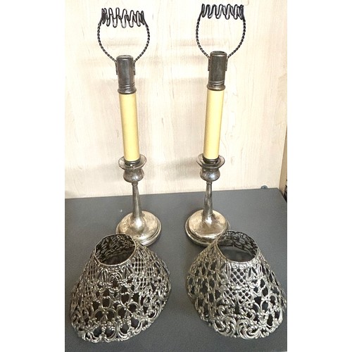 528 - Pair antique Silver plated Gorham spring candlesticks with possibly silver shades inserted into fill... 