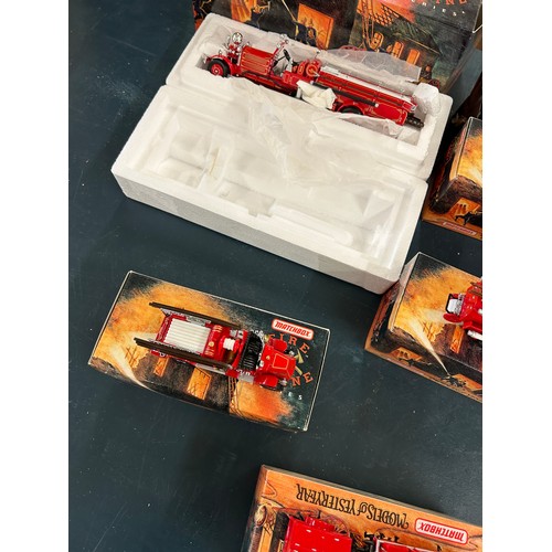 43 - Models of yester year trucks includes  mercedes benz ladder truck, Ford AA Fire truck, year ahrens f... 