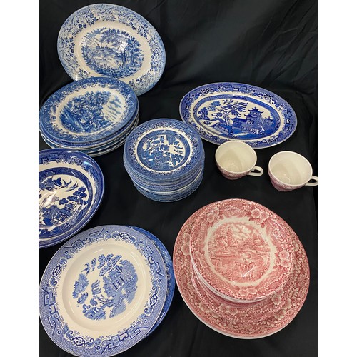 307 - Large selection of blue and white/ red and white vintage pottery