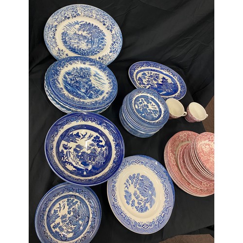 307 - Large selection of blue and white/ red and white vintage pottery