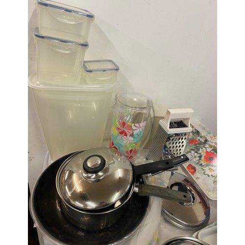 187 - Large selection of kitchenalia includes pots pans, cake covers etc