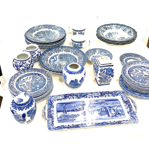 188 - Large selection of blue and white pottery includes lidded ginger jar, plates etc