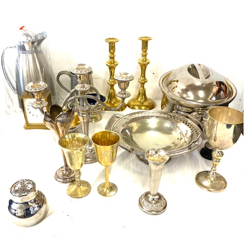 246 - Large selection of assorted metal ware includes Candle sticks, brass, silver plate etc