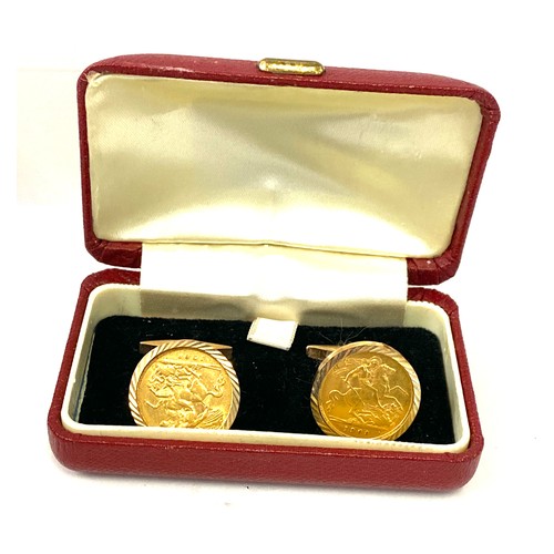 568 - Pair of 9ct gold framed 1908 half sovereign cufflinks, total weight 18grams