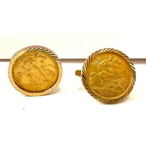 568 - Pair of 9ct gold framed 1908 half sovereign cufflinks, total weight 18grams