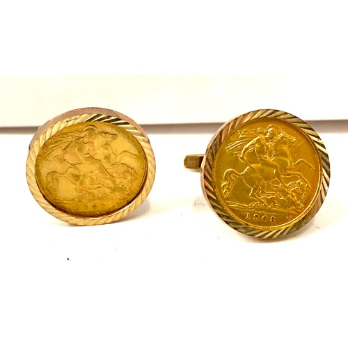 568 - Pair of 9ct gold framed 1908 half sovereign cufflinks, total weight 18grams