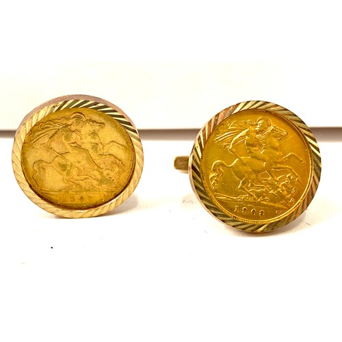 568 - Pair of 9ct gold framed 1908 half sovereign cufflinks, total weight 18grams