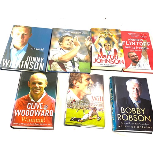 136 - Selection of sports books includes Clive woodward, will greenwood, Bobby Robson, Flintoff etc