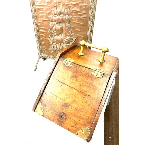 339 - Copper fire screen brass coal scuttle and a wooden brass coal box