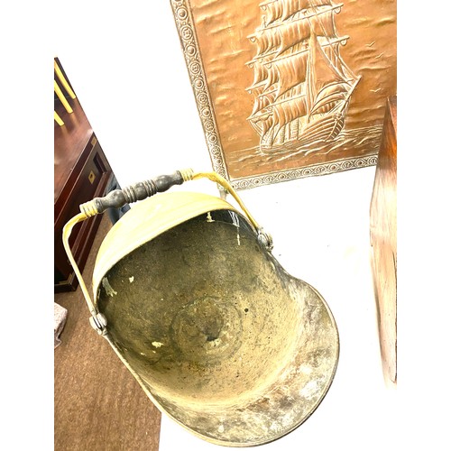 339 - Copper fire screen brass coal scuttle and a wooden brass coal box