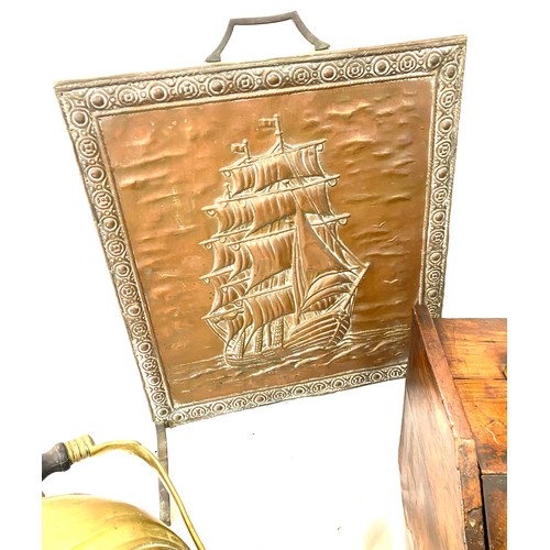339 - Copper fire screen brass coal scuttle and a wooden brass coal box
