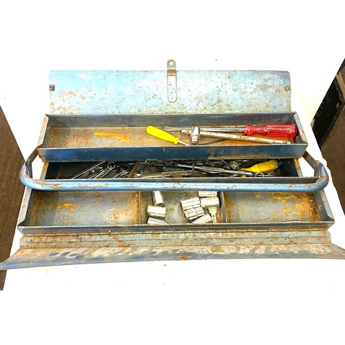 256 - Blue metal tool box and contents includes spanners etc