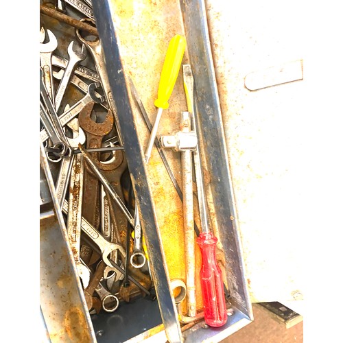 256 - Blue metal tool box and contents includes spanners etc