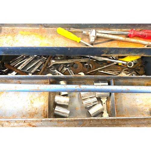 256 - Blue metal tool box and contents includes spanners etc