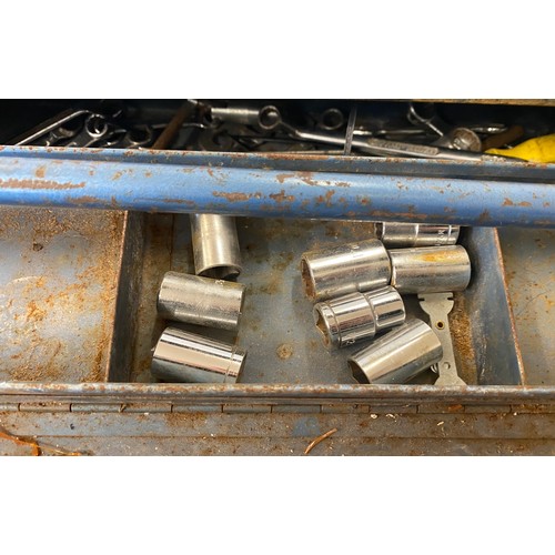 256 - Blue metal tool box and contents includes spanners etc