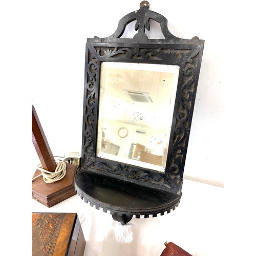 245 - Selection of wooden items to include cased weights, lamp base, carved mirror etc