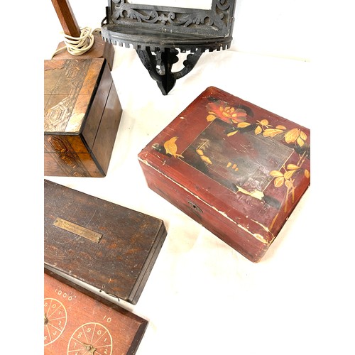 245 - Selection of wooden items to include cased weights, lamp base, carved mirror etc