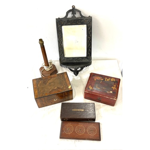 245 - Selection of wooden items to include cased weights, lamp base, carved mirror etc
