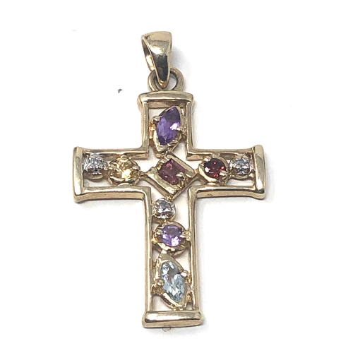 65 - 9ct gold gemstone set cross pendant diamond amethyst garnet etc weight 2.1g