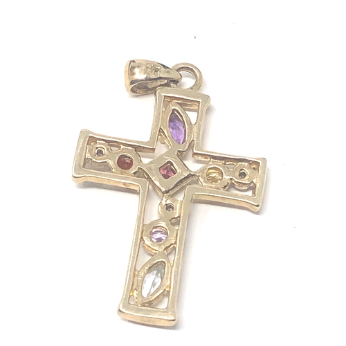 65 - 9ct gold gemstone set cross pendant diamond amethyst garnet etc weight 2.1g