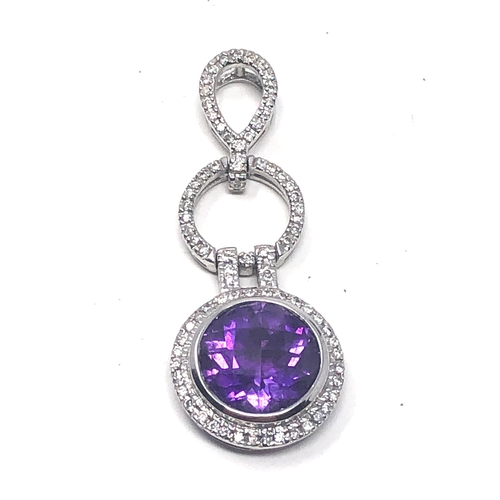 69 - Fine 9ct white gold diamond & amethyst drop pendant measures approx 3.7cm drop weight 4.1g