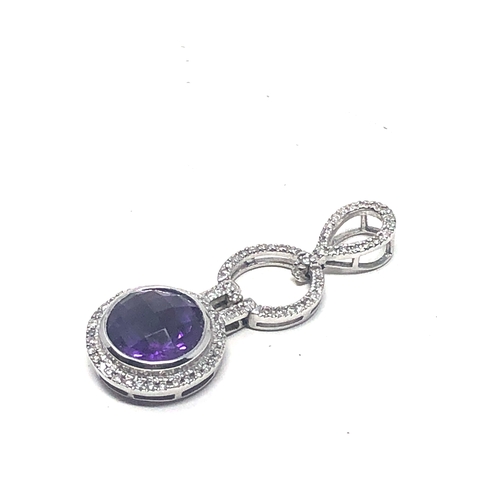 69 - Fine 9ct white gold diamond & amethyst drop pendant measures approx 3.7cm drop weight 4.1g