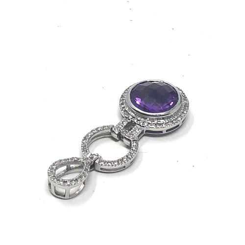 69 - Fine 9ct white gold diamond & amethyst drop pendant measures approx 3.7cm drop weight 4.1g