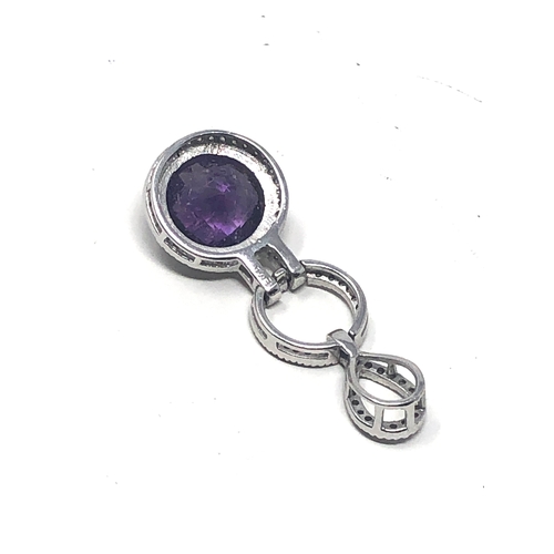 69 - Fine 9ct white gold diamond & amethyst drop pendant measures approx 3.7cm drop weight 4.1g