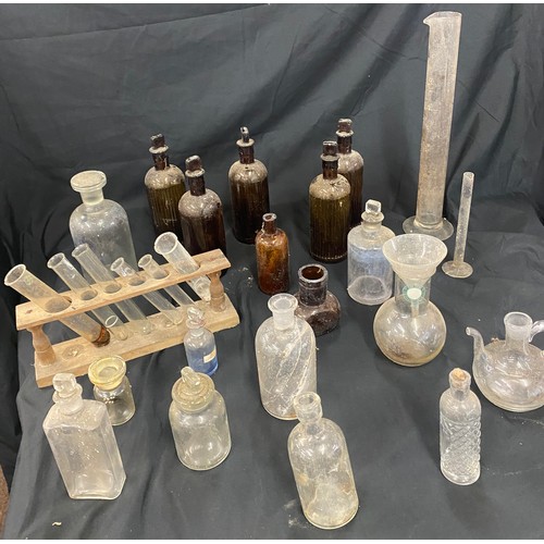 275 - Large selection of vintage and later glass bottles includes medicine bottles, test tubes etc