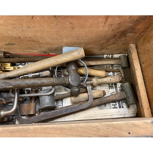 173 - Wooden tool box with contents includes hammer hand drill etc, measures approx 14 inches tall 35 inch... 