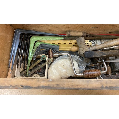 173 - Wooden tool box with contents includes hammer hand drill etc, measures approx 14 inches tall 35 inch... 