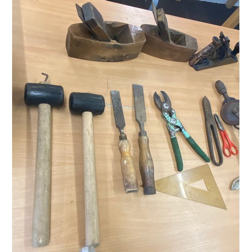 310 - Selection of vintage tools includes wood working planes, hand drills, mallet etc
