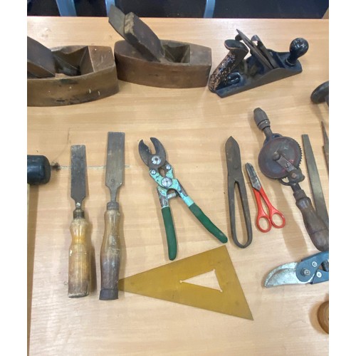 310 - Selection of vintage tools includes wood working planes, hand drills, mallet etc