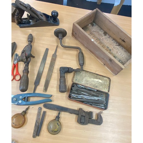 310 - Selection of vintage tools includes wood working planes, hand drills, mallet etc