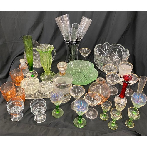 206 - Large selection of vintage and later glassware includes green glass vase, champagne flute