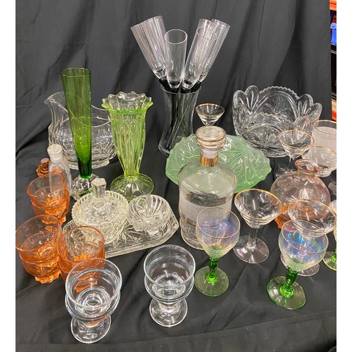 206 - Large selection of vintage and later glassware includes green glass vase, champagne flute