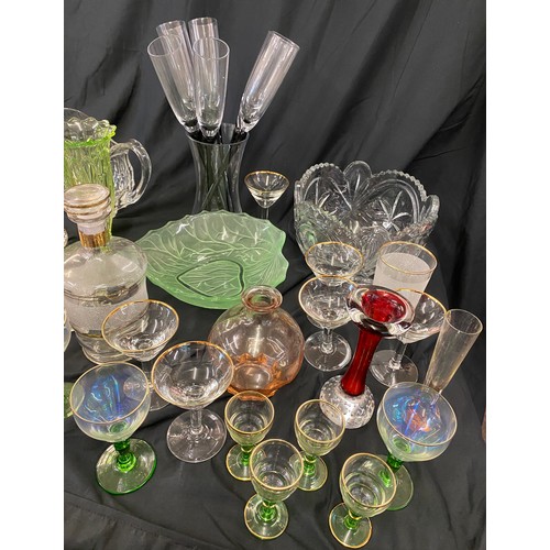 206 - Large selection of vintage and later glassware includes green glass vase, champagne flute