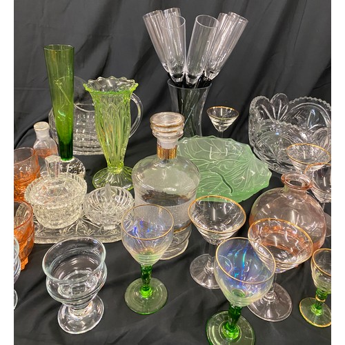 206 - Large selection of vintage and later glassware includes green glass vase, champagne flute