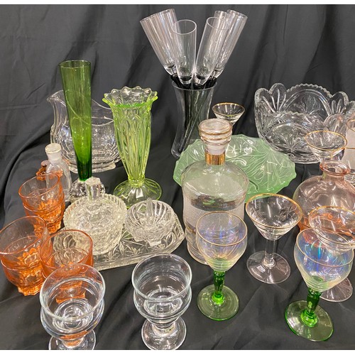 206 - Large selection of vintage and later glassware includes green glass vase, champagne flute