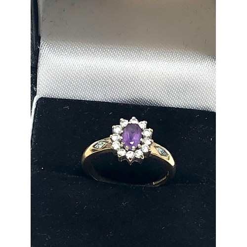 243 - 9ct gold vintage amethyst & clear gemstone halo dress ring (2.5g)