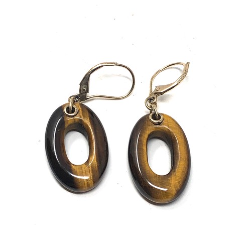 281 - 9ct gold tigers eye drop earrings (4.8g)