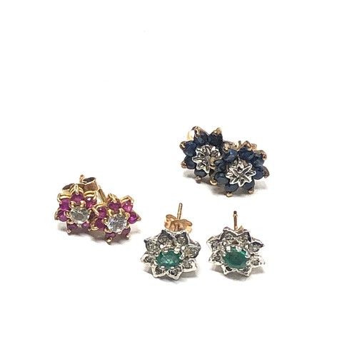 114 - 3 x 9ct gold paired gemstone cluster stud earrings inc. emerald, sapphire, ruby & diamond (4.4g)