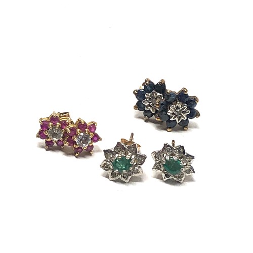 114 - 3 x 9ct gold paired gemstone cluster stud earrings inc. emerald, sapphire, ruby & diamond (4.4g)